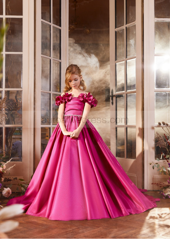 Cold Shoulder 3D Flowers Satin Flower Girl Dress